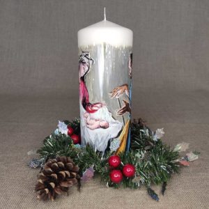 Vela pintada a mano con Natividad, Navidad.